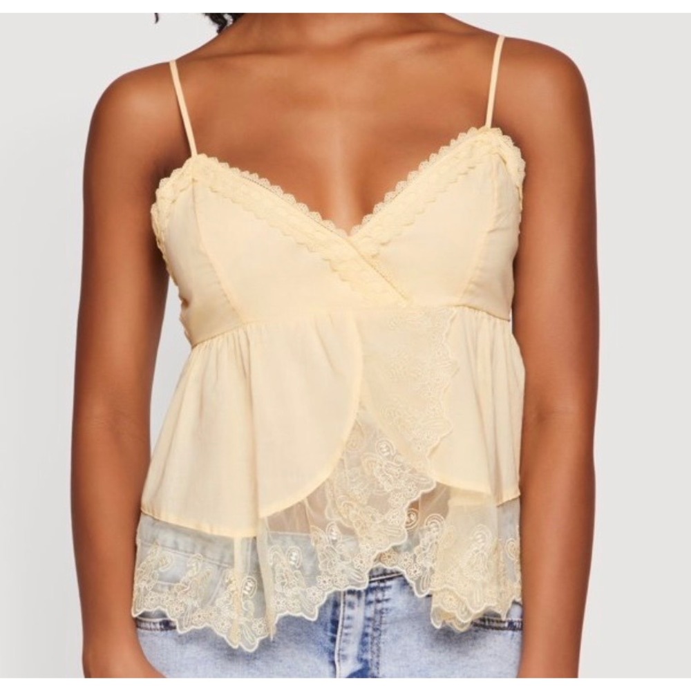Vintage Y2K Lace Trim Camisole Top Smocked Back Embroidered Yellow